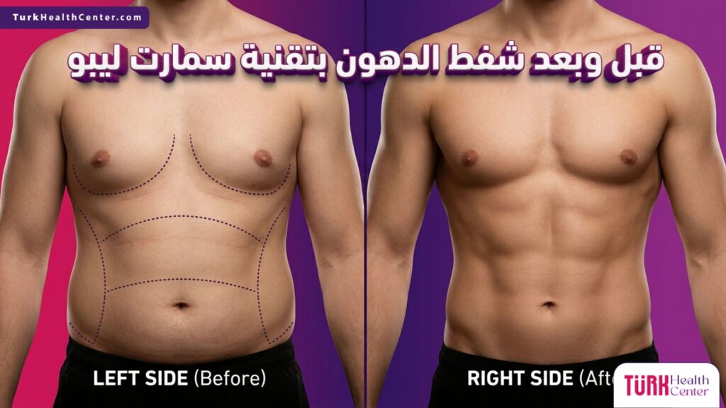 مقارنة قبل وبعد لنتائج شفط الدهون بتقنية سمارت ليبو تبرز نجاح نحت الجسم وشد الجلد.