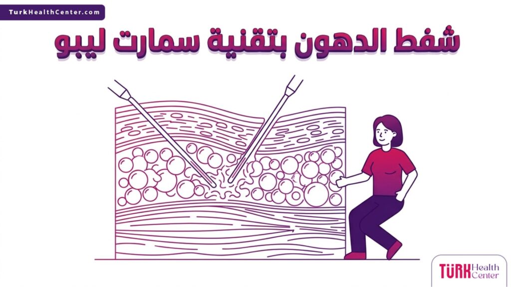 رسم توضيحي تشريحي يشرح آلية عمل شفط الدهون بتقنية سمارت ليبو داخل طبقات الجلد.