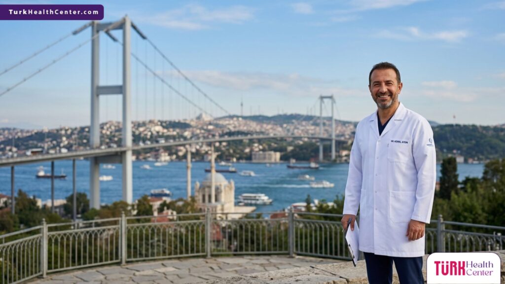 أفضل طبيب تجميل متخصص في شفط الدهون 360 في تركيا يقف أمام جسر البوسفور في اسطنبول