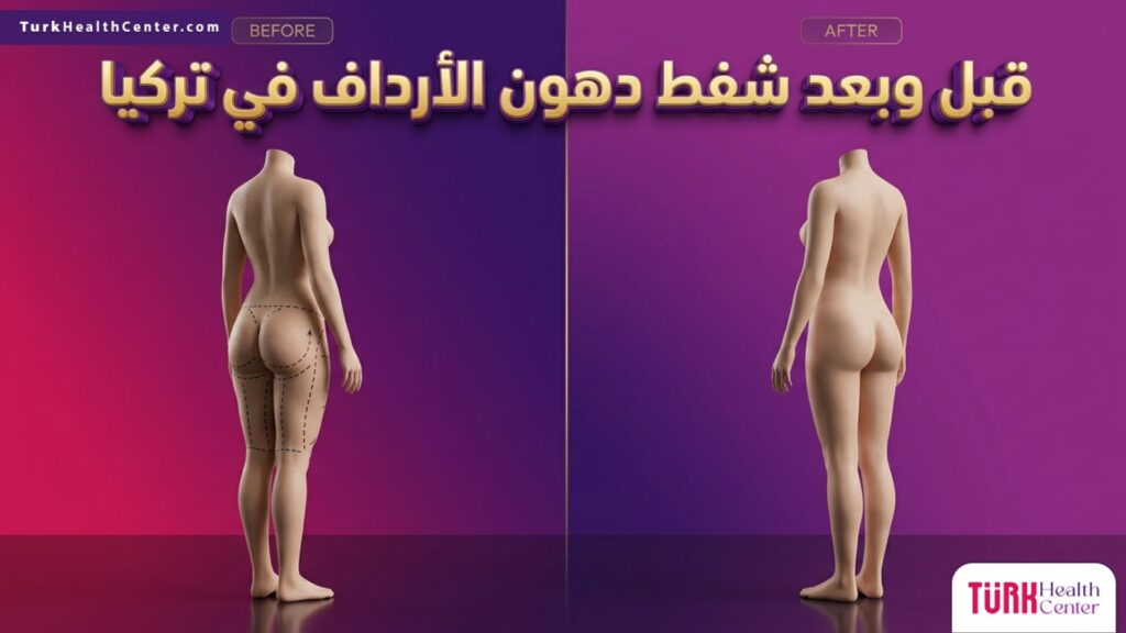 صورة قبل وبعد توضح نتائج وتخطيط عملية شفط دهون الأرداف في تركيا