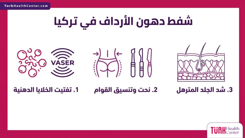 تصميم إنفوجرافيك يبرز أهم 3 مراحل وفوائد حول شفط دهون الأرداف في تركيا