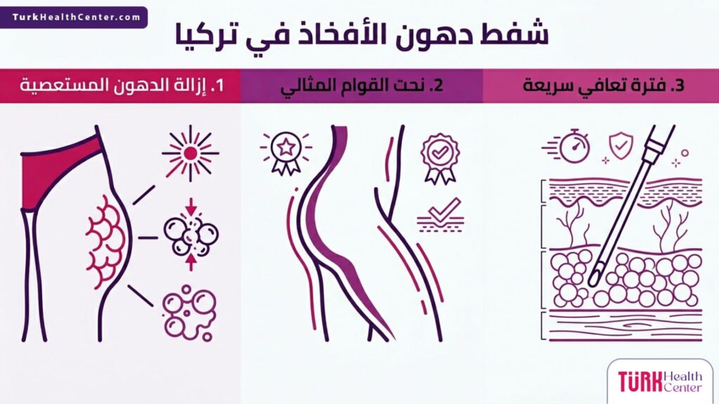 إنفوجرافيك طبي يستعرض خطوات وفوائد شفط دهون الأفخاذ في تركيا بشكل مبسط.
