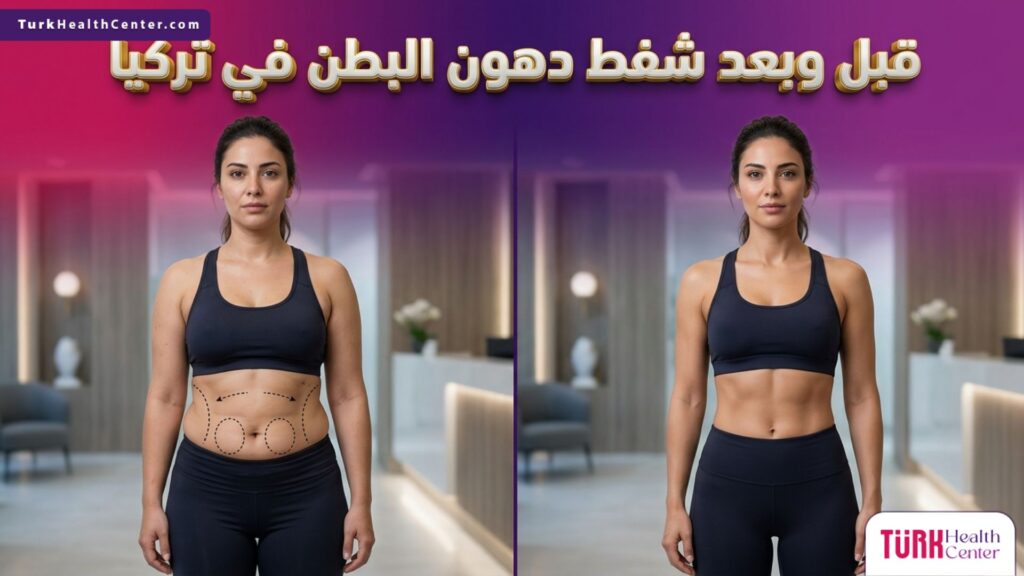 مقارنة قبل وبعد توضح نتائج التحول المذهلة والعلامات الجراحية لعملية شفط دهون البطن في تركيا.