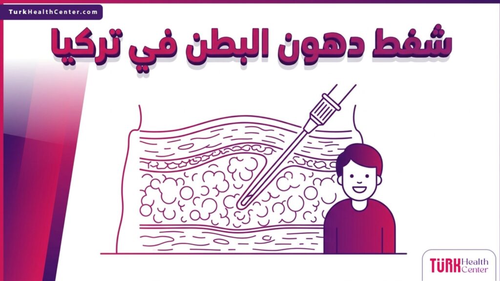 رسم توضيحي طبي ثلاثي الأبعاد يظهر طبقات الجلد وآلية استهداف الدهون أثناء إجراء شفط دهون البطن في تركيا.