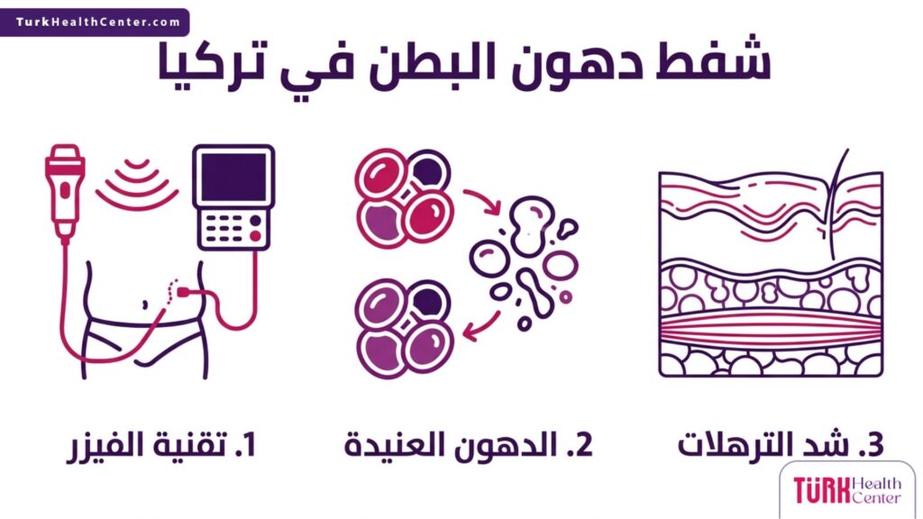 إنفوجرافيك طبي تفصيلي يوضح التقنيات والخطوات الأساسية المتبعة في عملية شفط دهون البطن في تركيا.