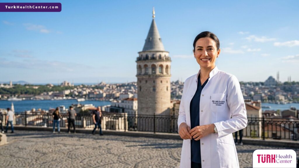 طبيب جراحة تجميل محترف يقف بثقة أمام برج غلطة، ليمثل خبرة الأطباء في شفط دهون البطن في تركيا.