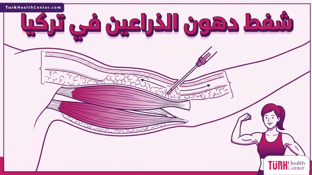 إنفوجرافيك طبي دقيق يوضح التشريح الداخلي لطبقات الدهون أثناء شفط دهون الذراعين في تركيا باستخدام أحدث التقنيات.