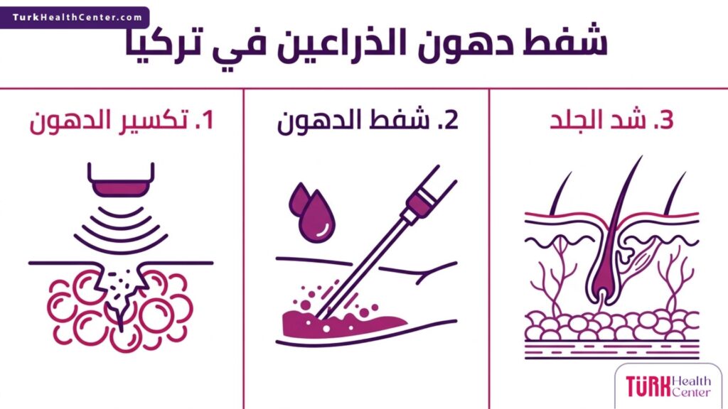 تصميم إنفوجرافيك يبرز الخطوات الثلاث الأساسية في عملية شفط دهون الذراعين في تركيا بطريقة علمية مبسطة.
