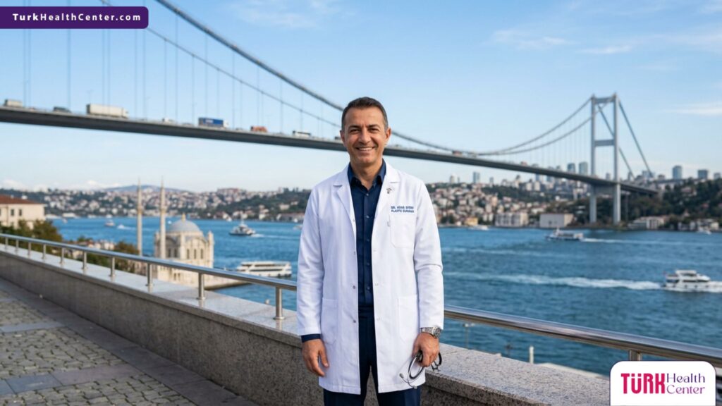 طبيب تجميل متخصص يقف بثقة أمام جسر البوسفور، ليمثل وجهتك المثالية والموثوقة لإجراء شفط دهون الذراعين في تركيا.
