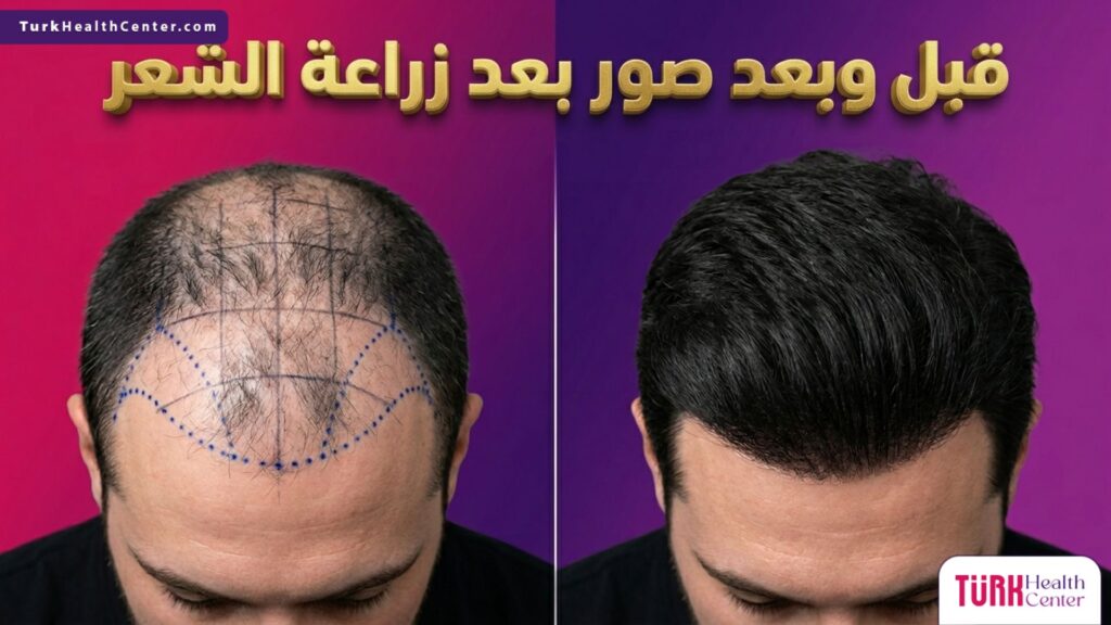 مقارنة قبل وبعد لنتائج صور بعد زراعة الشعر تظهر الكثافة الطبيعية.