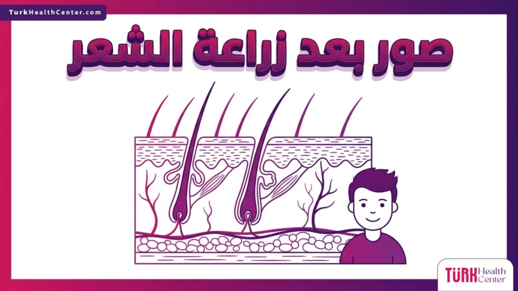 رسم بياني علمي يوضح تشريح فروة الرأس والبصيلات ضمن صور بعد زراعة الشعر.