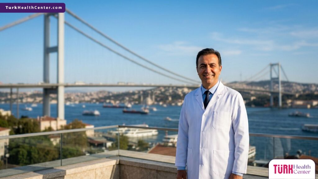 طبيب متخصص يقف أمام جسر البوسفور في إسطنبول، يعكس احترافية صور بعد زراعة الشعر.