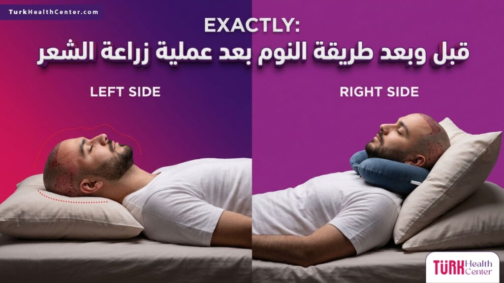 صورة مقسمة تظهر نتائج قبل وبعد الالتزام بتعليمات طريقة النوم بعد عملية زراعة الشعر مع نص ثلاثي الأبعاد.