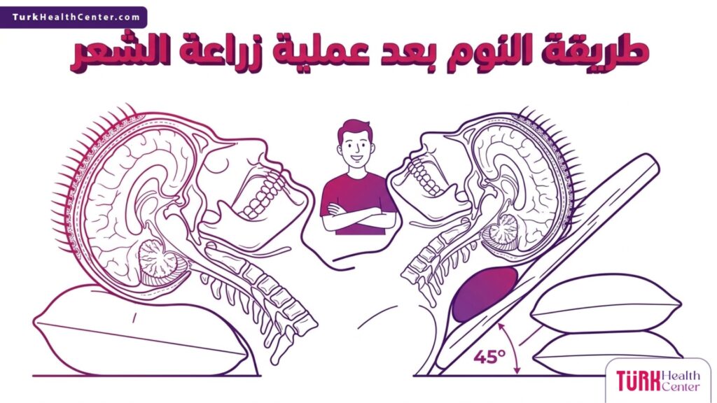 إنفوجرافيك تشريحي يوضح الزاوية العلمية الصحيحة ضمن طريقة النوم بعد عملية زراعة الشعر لحماية البصيلات.