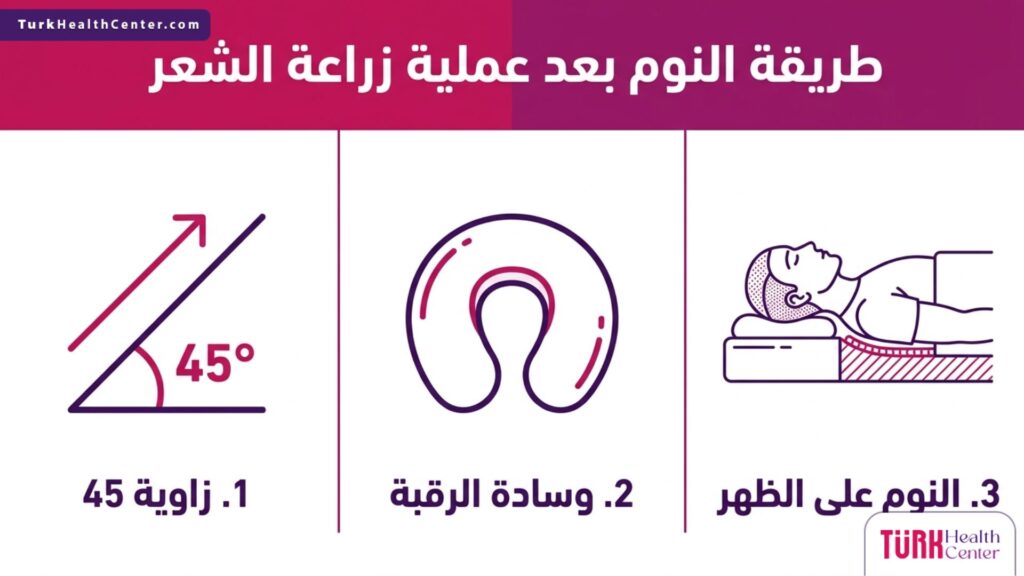 تصميم إنفوجرافيك يشرح الخطوات الثلاث الأساسية في طريقة النوم بعد عملية زراعة الشعر.