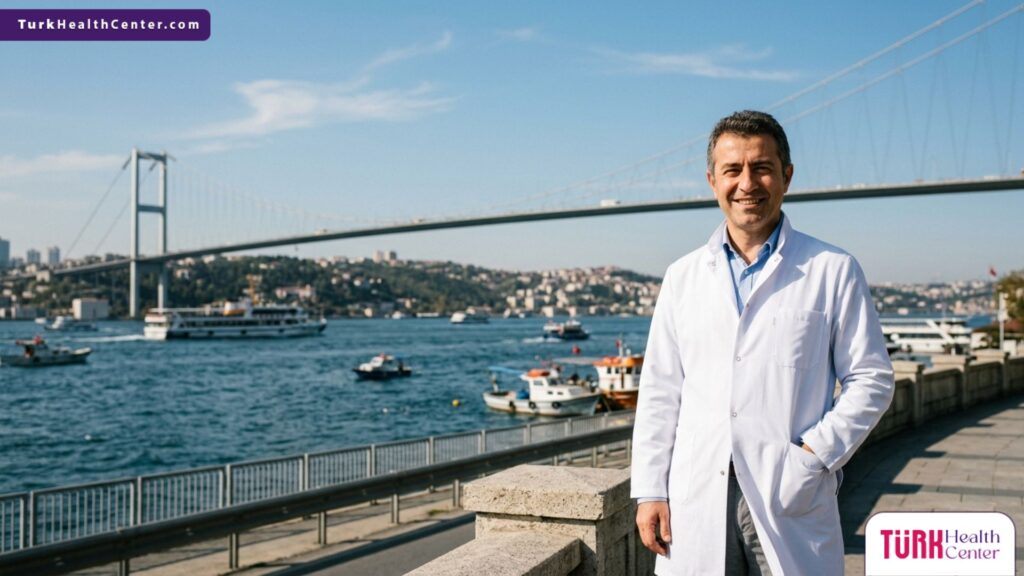 طبيب متخصص في زراعة الشعر يقف أمام جسر البوسفور في إسطنبول ويقدم نصائح حول طريقة النوم بعد عملية زراعة الشعر.