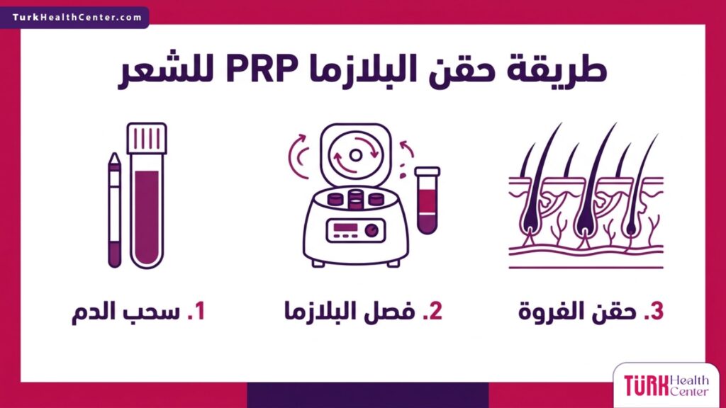 إنفوجرافيك طبي يشرح خطوات طريقة حقن البلازما PRP للشعر من سحب الدم وفصله حتى الحقن.