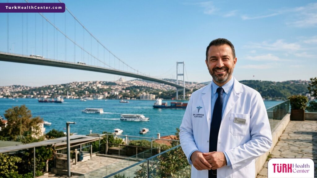 طبيب متخصص يقف بثقة أمام جسر البوسفور في إسطنبول، كوجهة رائدة لإجراء طريقة حقن البلازما PRP للشعر.