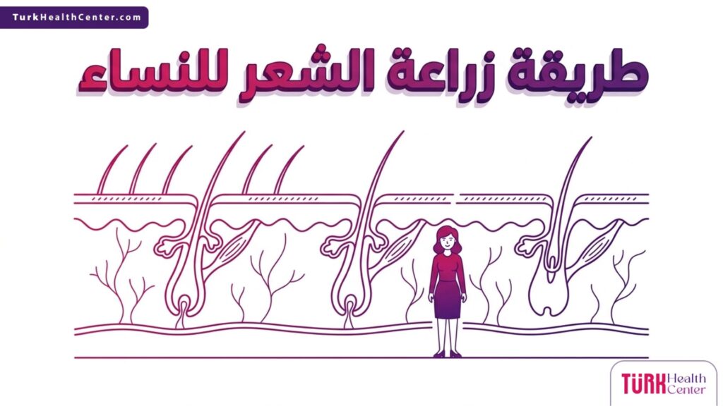 رسم توضيحي طبي يشرح تشريح فروة الرأس وخطوات طريقة زراعة الشعر للنساء بدقة علمية.