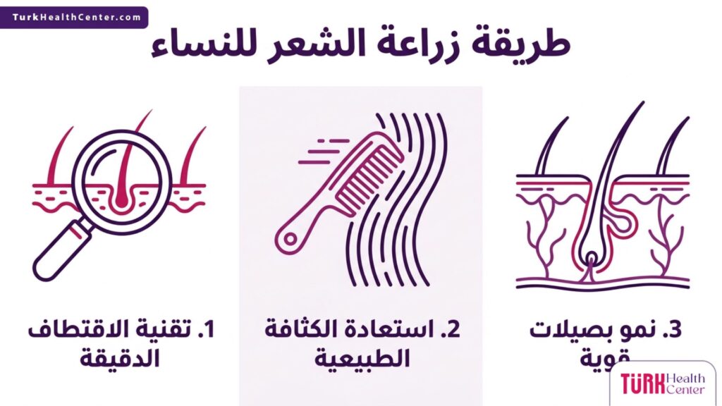 إنفوجرافيك طبي يشرح 3 مراحل أساسية ضمن طريقة زراعة الشعر للنساء لضمان نجاح العملية.