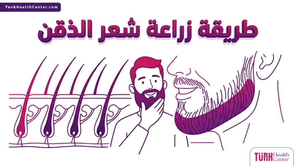 إنفوجرافيك طبي تشريحي دقيق يوضح طريقة زراعة شعر الذقن وزوايا غرس البصيلات في الجلد.