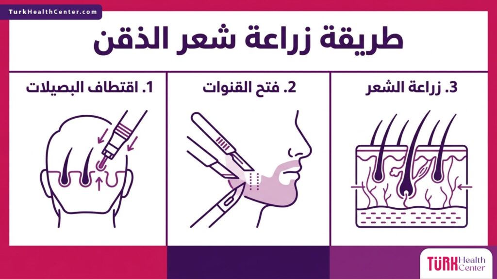 رسم بياني يوضح المراحل الثلاث الأساسية في طريقة زراعة شعر الذقن.