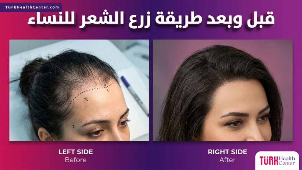 صورة مقسمة توضح حالة قبل وبعد طريقة زرع الشعر للنساء وتظهر خطوط الجراحة والنتيجة الكثيفة والطبيعية.