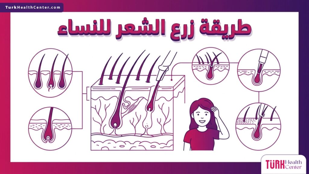 إنفوجرافيك طبي تشريحي دقيق يشرح طريقة زرع الشعر للنساء وبنية بصيلات الشعر وفروة الرأس.