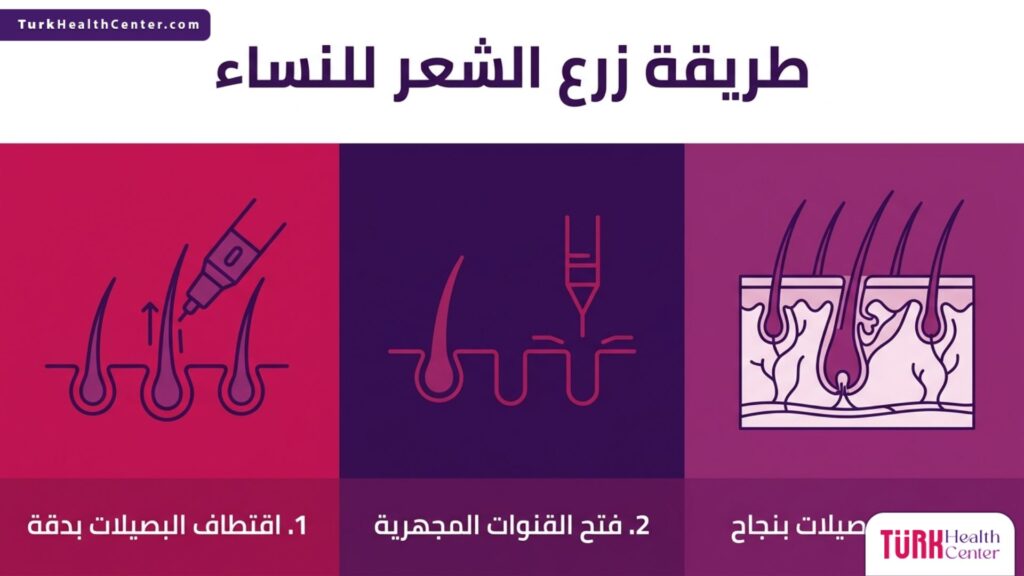 إنفوجرافيك تعليمي مقسم إلى ثلاث مراحل يشرح بالتفصيل طريقة زرع الشعر للنساء بخطوات علمية.