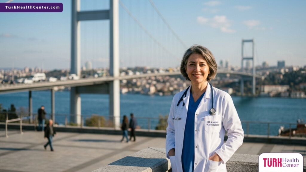 طبيب متخصص يبتسم بثقة أمام جسر البوسفور في إسطنبول، تركيا كوجهة رائدة في تطبيق طريقة زرع الشعر للنساء.