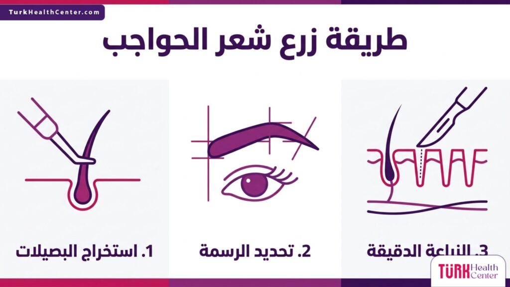 إنفوجرافيك يوضح الخطوات الثلاث الأساسية في طريقة زرع شعر الحواجب.