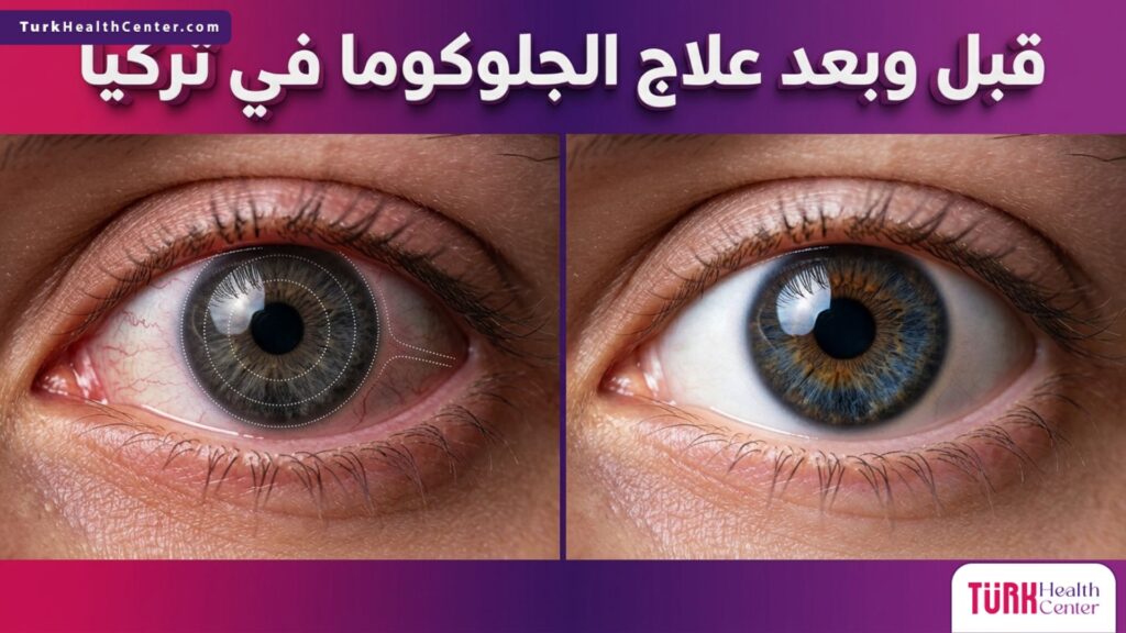 صورة مقسمة تظهر حالة العين قبل وبعد علاج الجلوكوما في تركيا، توضح استعادة صحة العين وتخفيف الضغط.