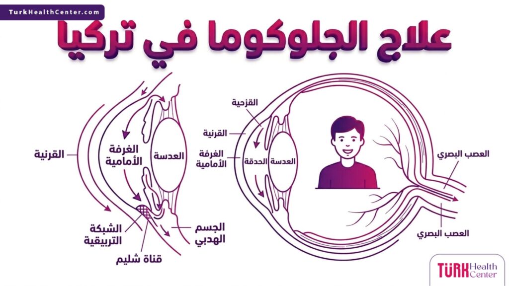 إنفوجرافيك تشريحي دقيق يوضح تركيبة العين ومسارات تصريف السوائل خلال رحلة علاج الجلوكوما في تركيا.