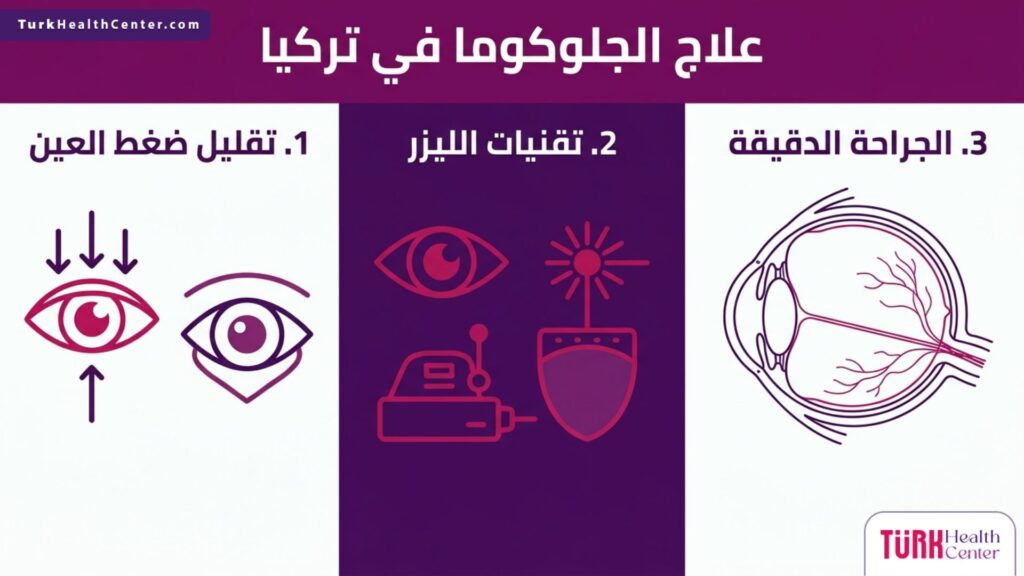 تصميم إنفوجرافيك يبرز أهم 3 خطوات وتقنيات مستخدمة في علاج الجلوكوما في تركيا.