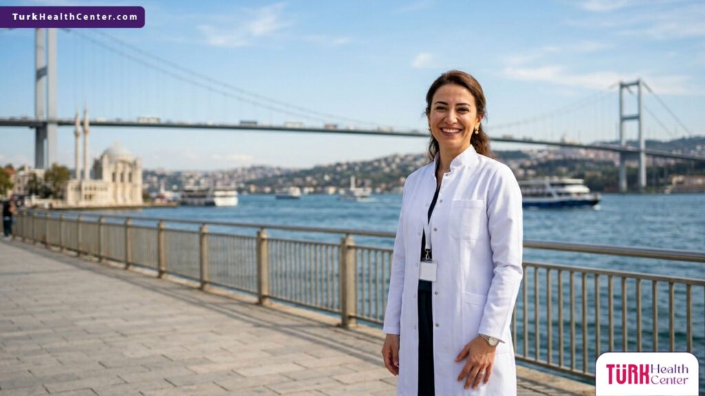 طبيب عيون خبير يقف بثقة أمام جسر البوسفور في اسطنبول، يمثل ريادة علاج الجلوكوما في تركيا.