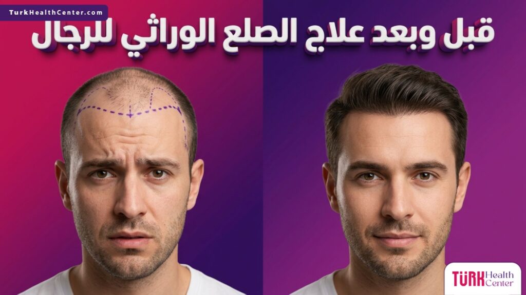 مقارنة قبل وبعد توضح نتائج علاج الصلع الوراثي للرجال من خلال استعادة كثافة الشعر الطبيعية.