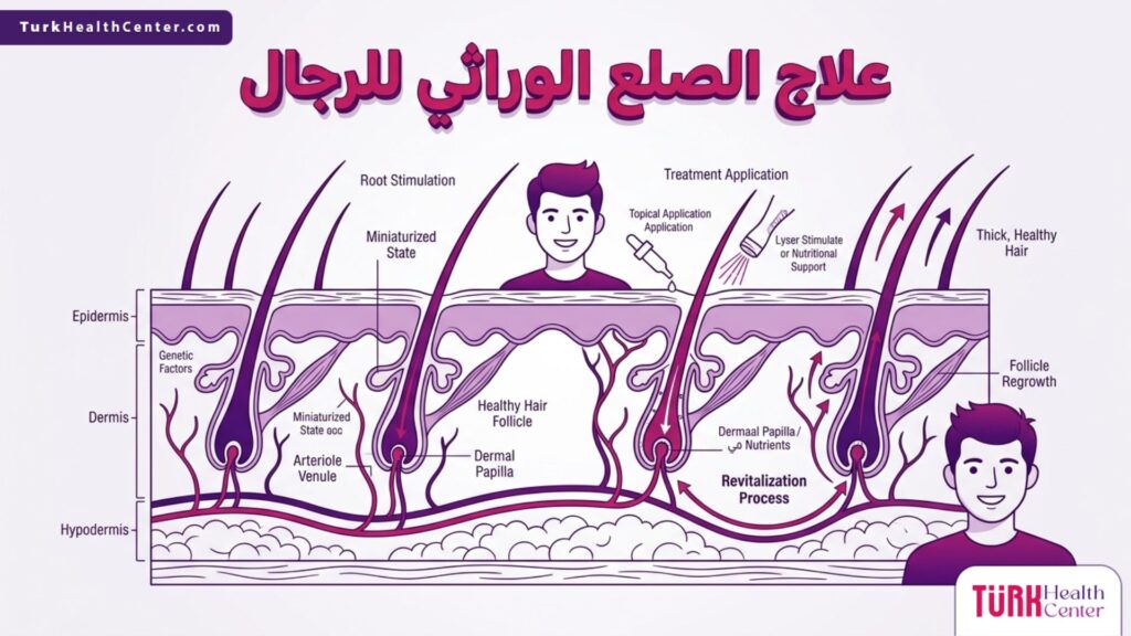 رسم توضيحي طبي ثلاثي الأبعاد يشرح البنية التشريحية لبصيلات الشعر وكيفية عمل علاج الصلع الوراثي للرجال.