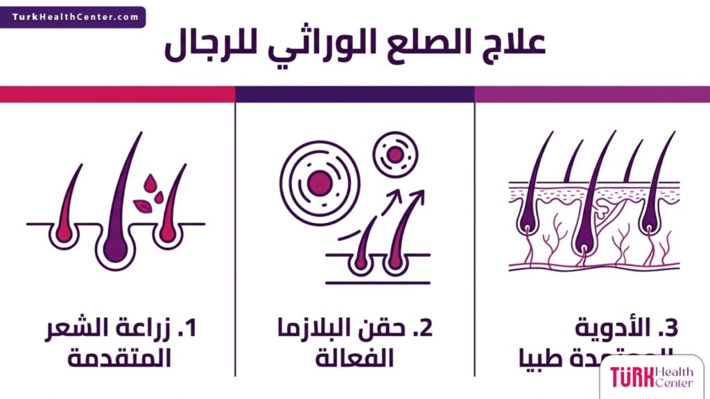 إنفوجرافيك طبي يوضح أهم ثلاث طرق معتمدة في علاج الصلع الوراثي للرجال.