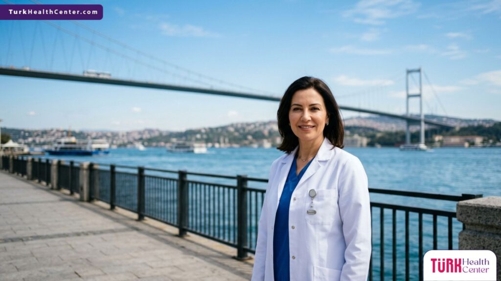 طبيب خبير في علاج الصلع الوراثي للرجال يقف بثقة أمام جسر البوسفور في إسطنبول، تركيا.