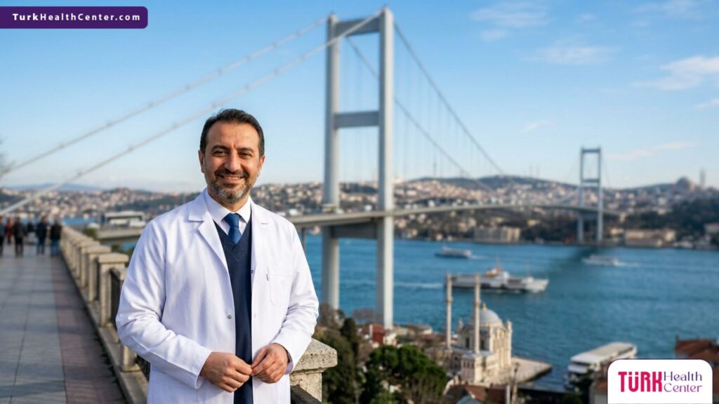 صورة واقعية لجراح عيون متخصص يقف أمام جسر البوسفور، تمثل ريادة السياحة العلاجية ومستوى علاج انفصال الشبكية في تركيا.