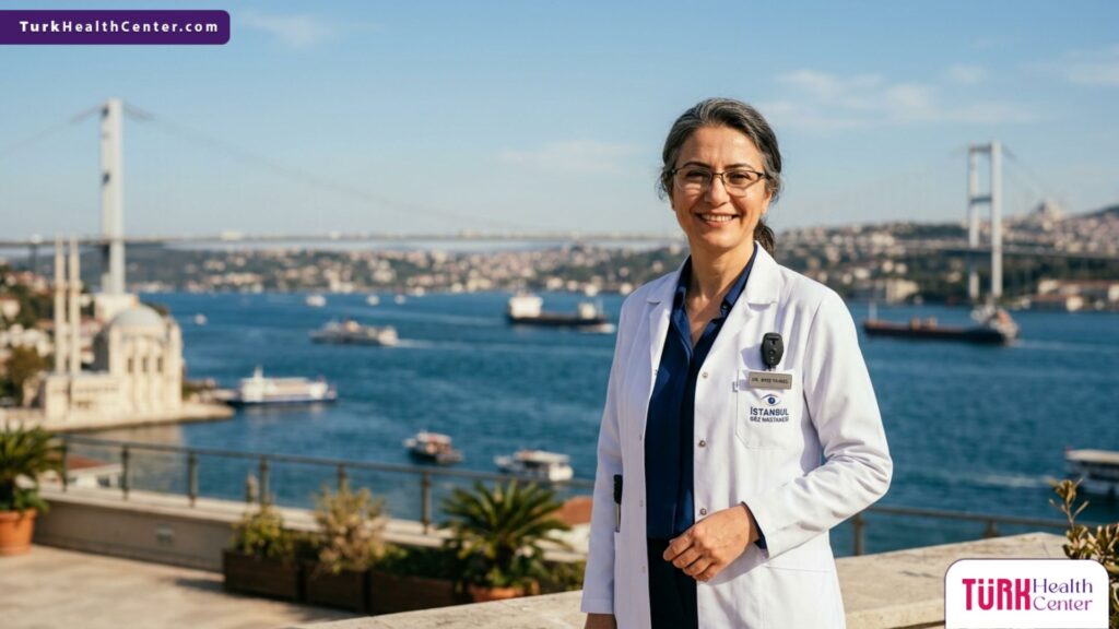 طبيب عيون خبير يقف أمام جسر البوسفور، ليمثل الريادة في علاج جفاف العين في تركيا.