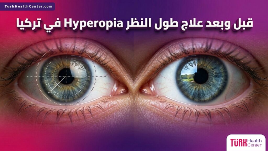 صورة مقسمة توضح شكل العين قبل وبعد علاج طول النظر Hyperopia في تركيا مع إظهار دقة تصحيح الرؤية.