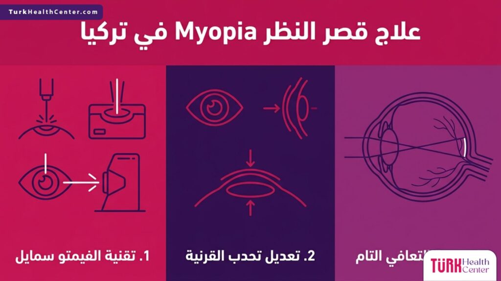 إنفوجرافيك طبي تفصيلي يشرح مزايا وتقنيات علاج قصر النظر Myopia في تركيا.