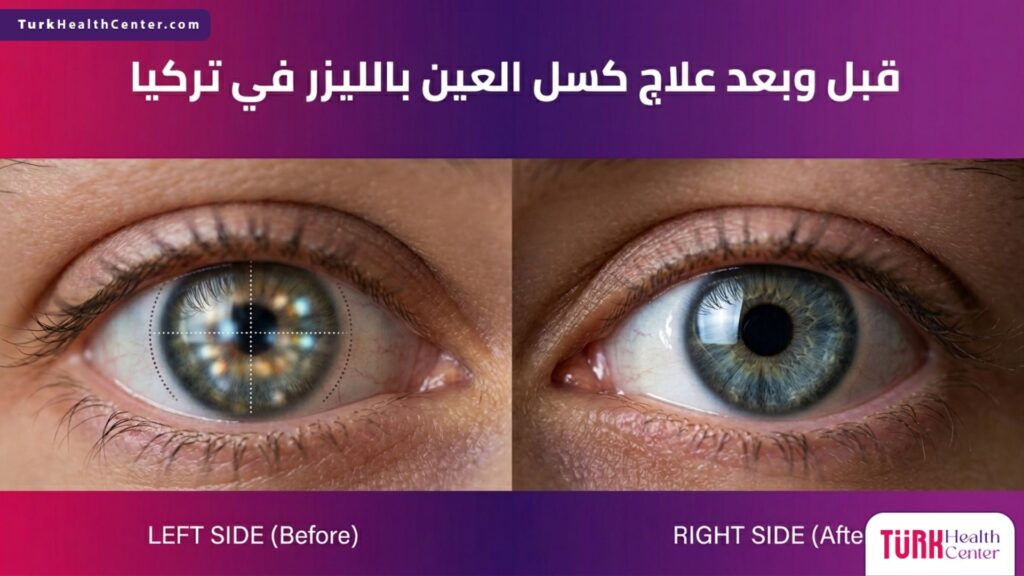 قبل وبعد علاج كسل العين بالليزر في تركيا وتوضيح دقة الرؤية واستعادة البصر