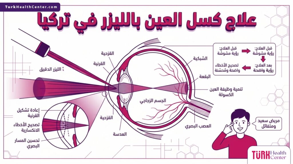 إنفوجرافيك تشريحي يوضح آلية علاج كسل العين بالليزر في تركيا وتعديل القرنية