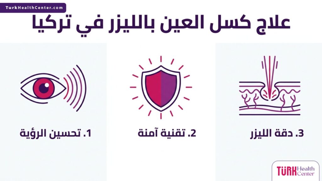 إنفوجرافيك يوضح مميزات وخطوات علاج كسل العين بالليزر في تركيا