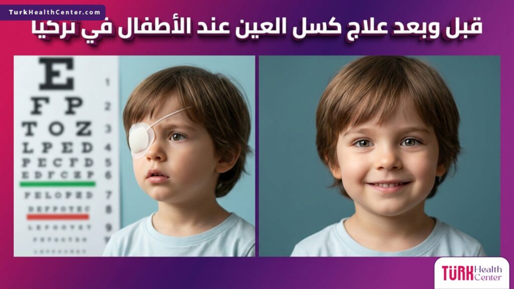 صورة قبل وبعد توضح نتائج علاج كسل العين عند الأطفال في تركيا من خلال تغطية العين وتحسن الرؤية.