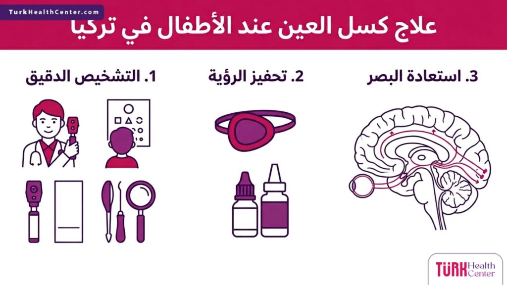 رسم بياني يوضح ثلاث خطوات أساسية لضمان نجاح علاج كسل العين عند الأطفال في تركيا.