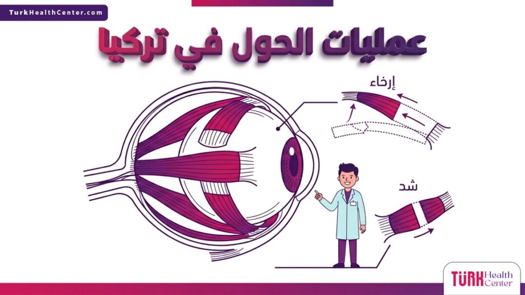 إنفوجرافيك تشريحي دقيق يوضح عضلات العين وآلية التدخل الجراحي في عمليات الحول في تركيا.