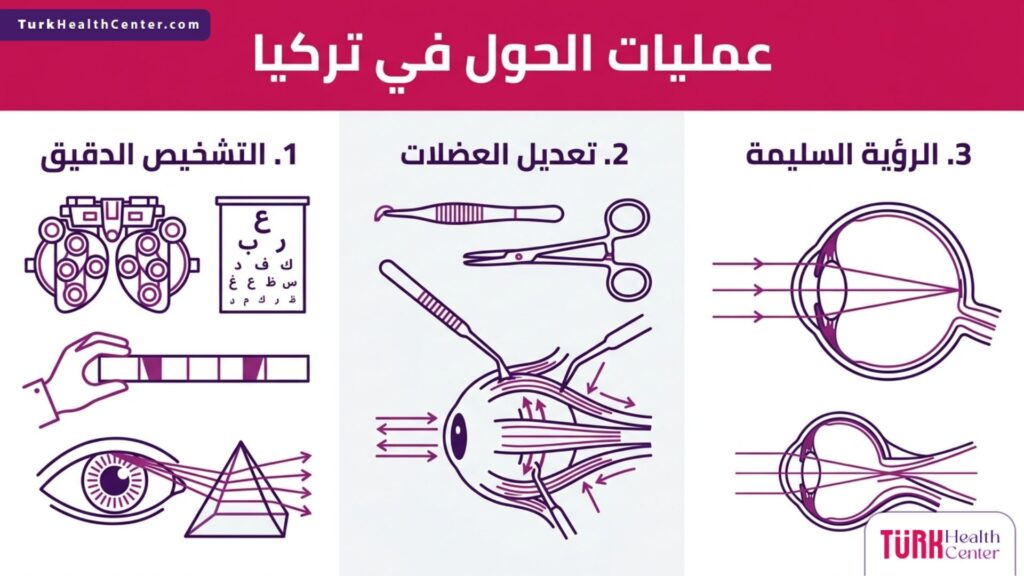رسم بياني يوضح الخطوات الثلاث الأساسية لنجاح عمليات الحول في تركيا من التشخيص إلى الرؤية السليمة.